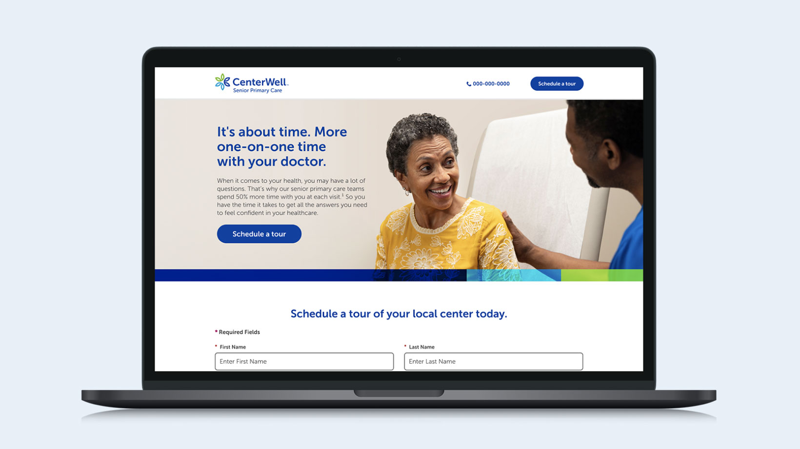 Laptop open with the CenterWell website showing